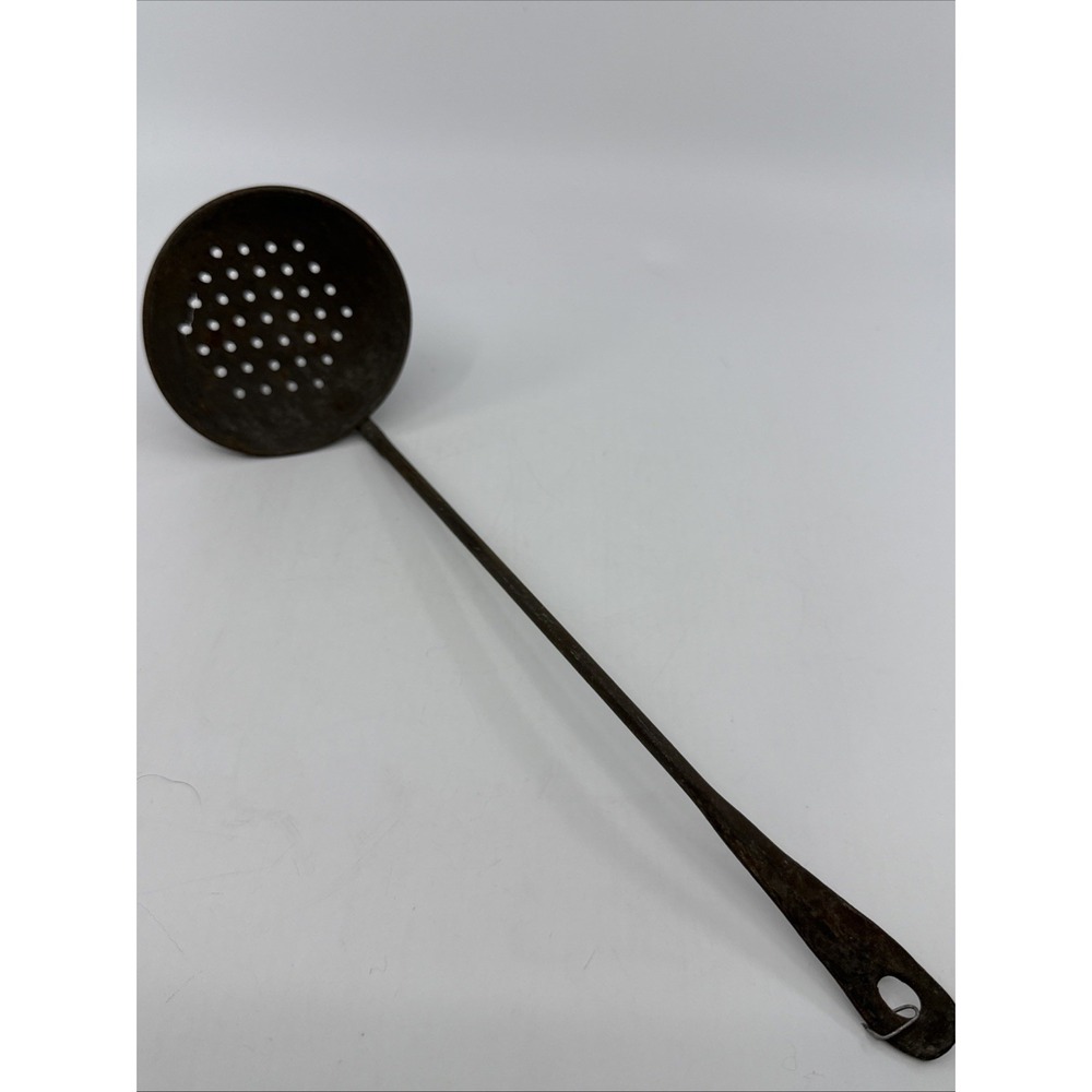 Antique Primitive Long Slotted Ladle Spoon Cast Iron Hanging 11" Distressed